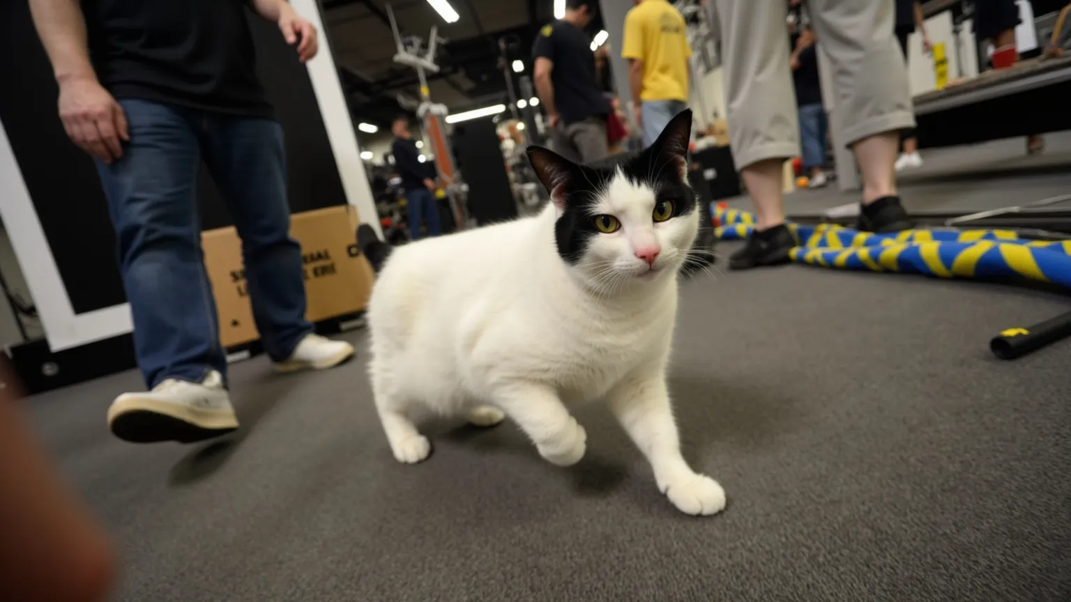 A white cat with dark head markings crosses a film set past lighting stands and cable runs, with crew blurred in the background.