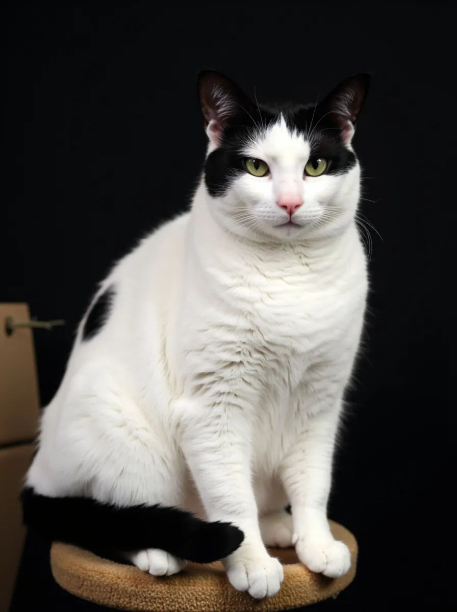 A large white cat with dark markings across the top of her head sits upright, looking directly at the camera.