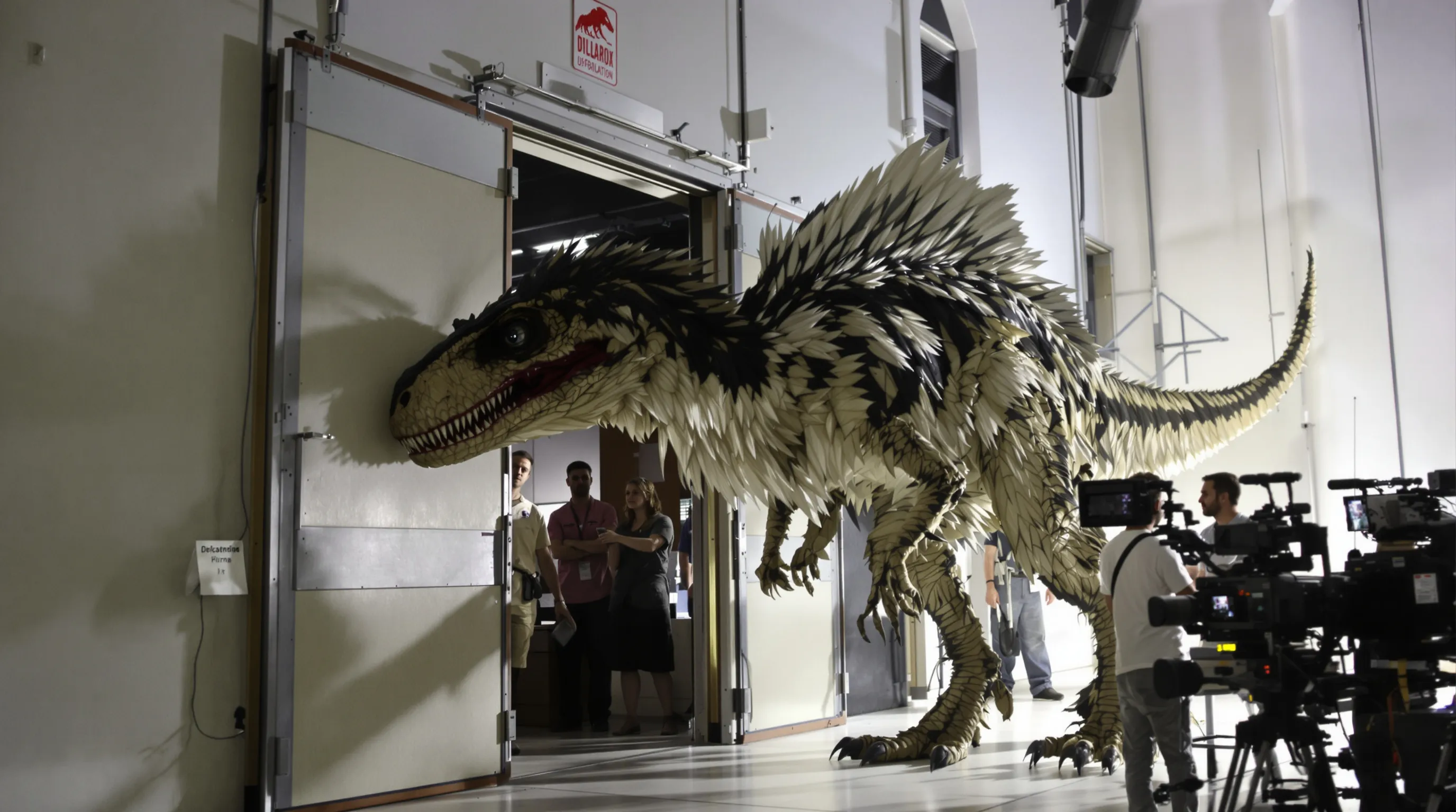 A feathered velociraptor pushes open a heavy soundstage door while crew members watch from behind a camera dolly.