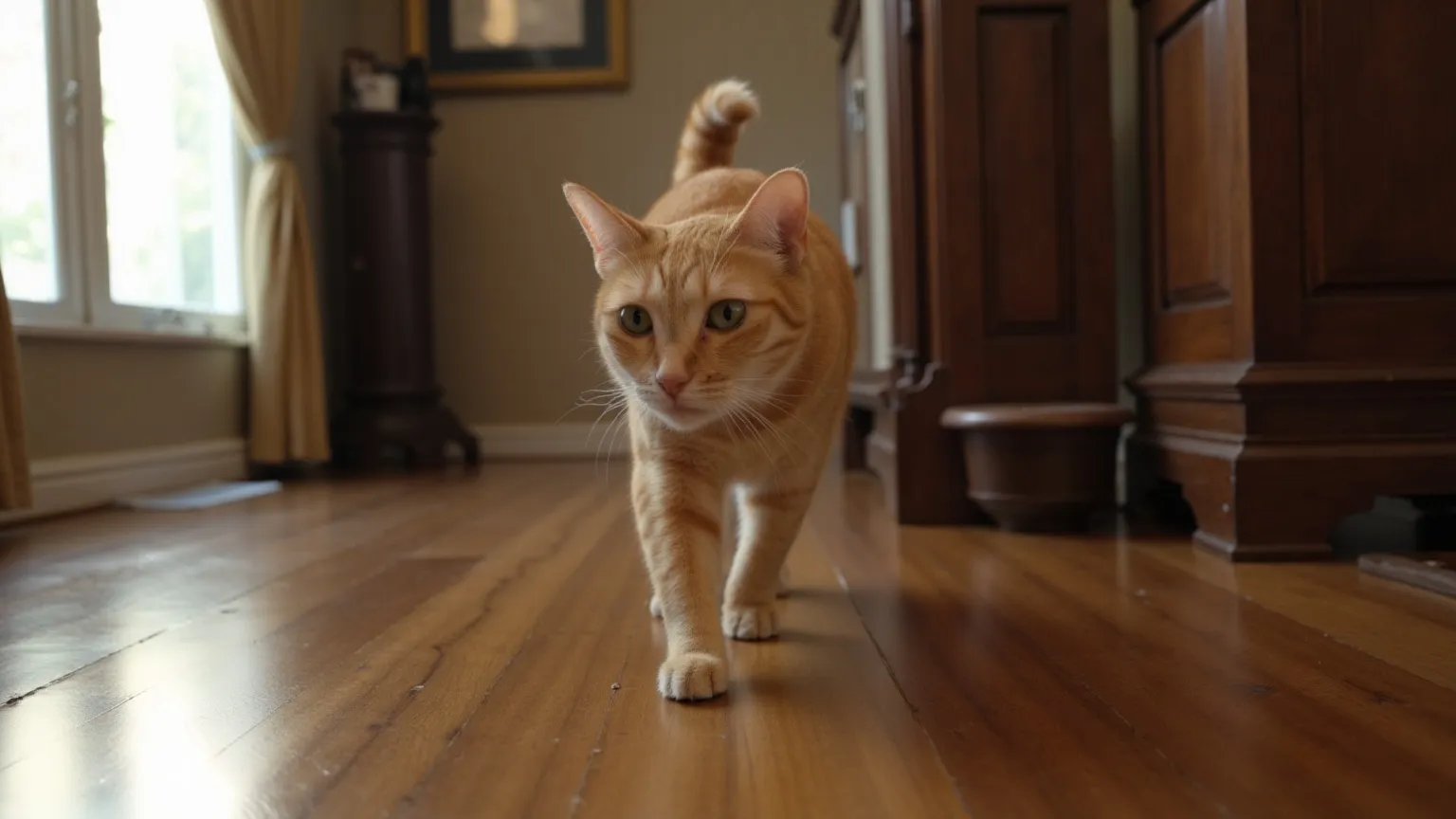An orange cat walks along a polished wooden floor in a period-dressed hallway, lit from a tall window on the left.