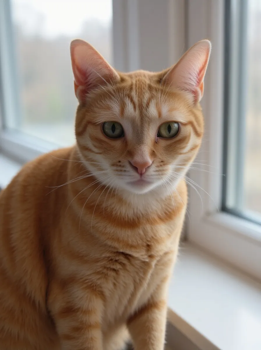 An orange cat sits upright in a shaft of window light, head turned slightly away from the camera.