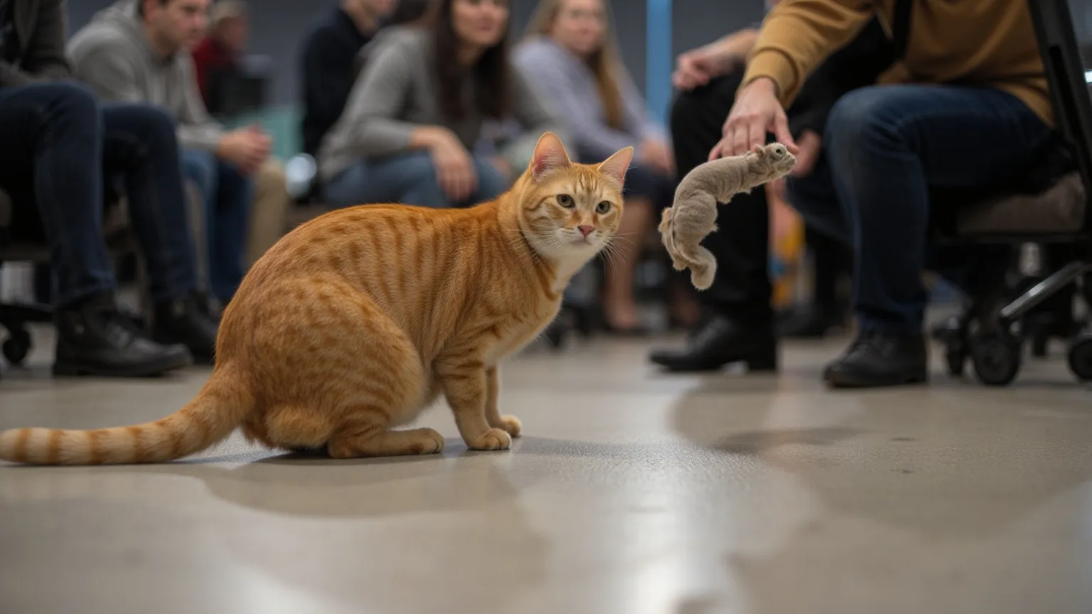 A crew member in a headset throws a small fabric toy across a lit soundstage while an orange cat watches from a mark on the floor.