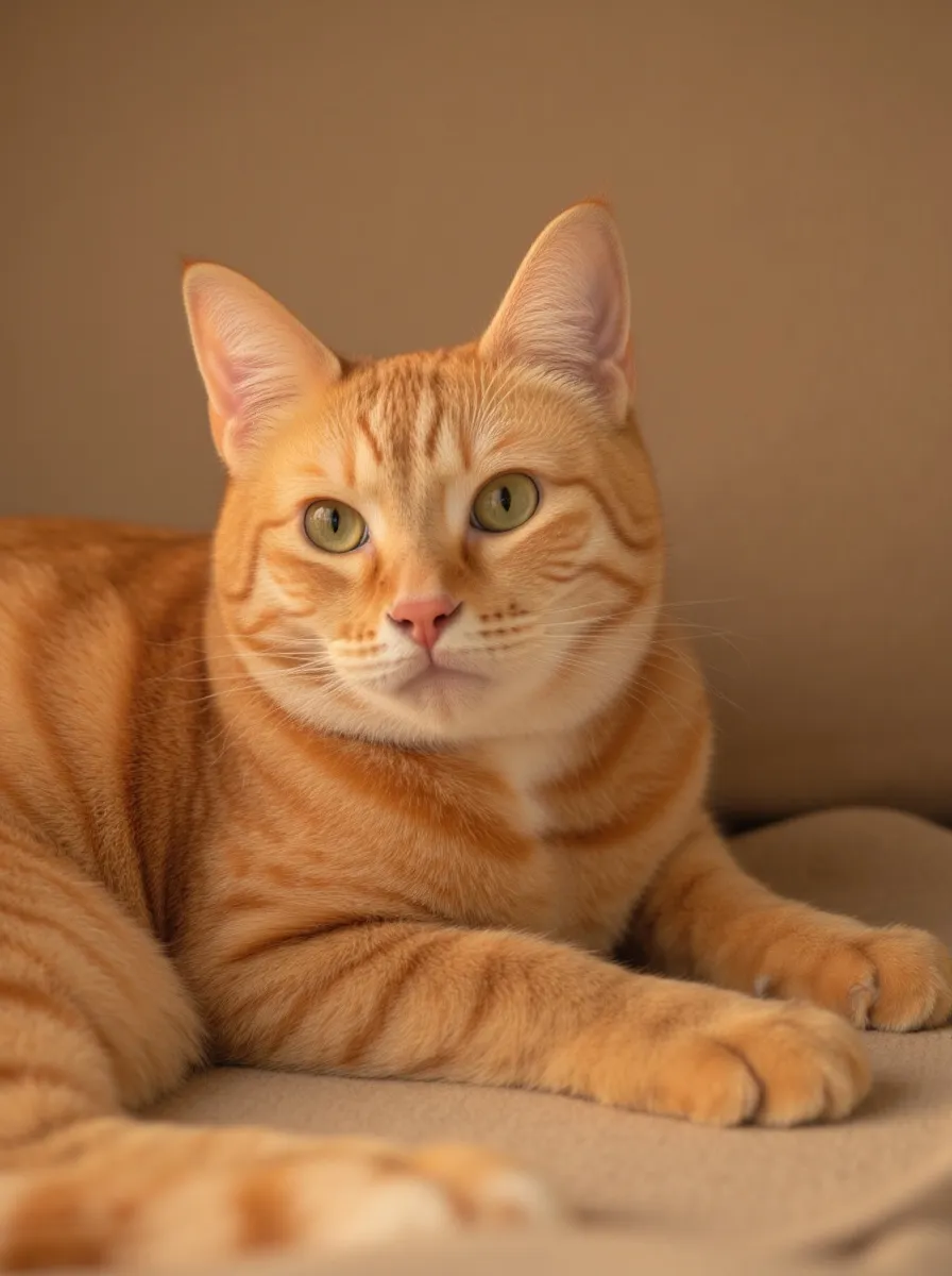 An orange cat lies on her side looking up at the camera, one paw tucked under her chin.