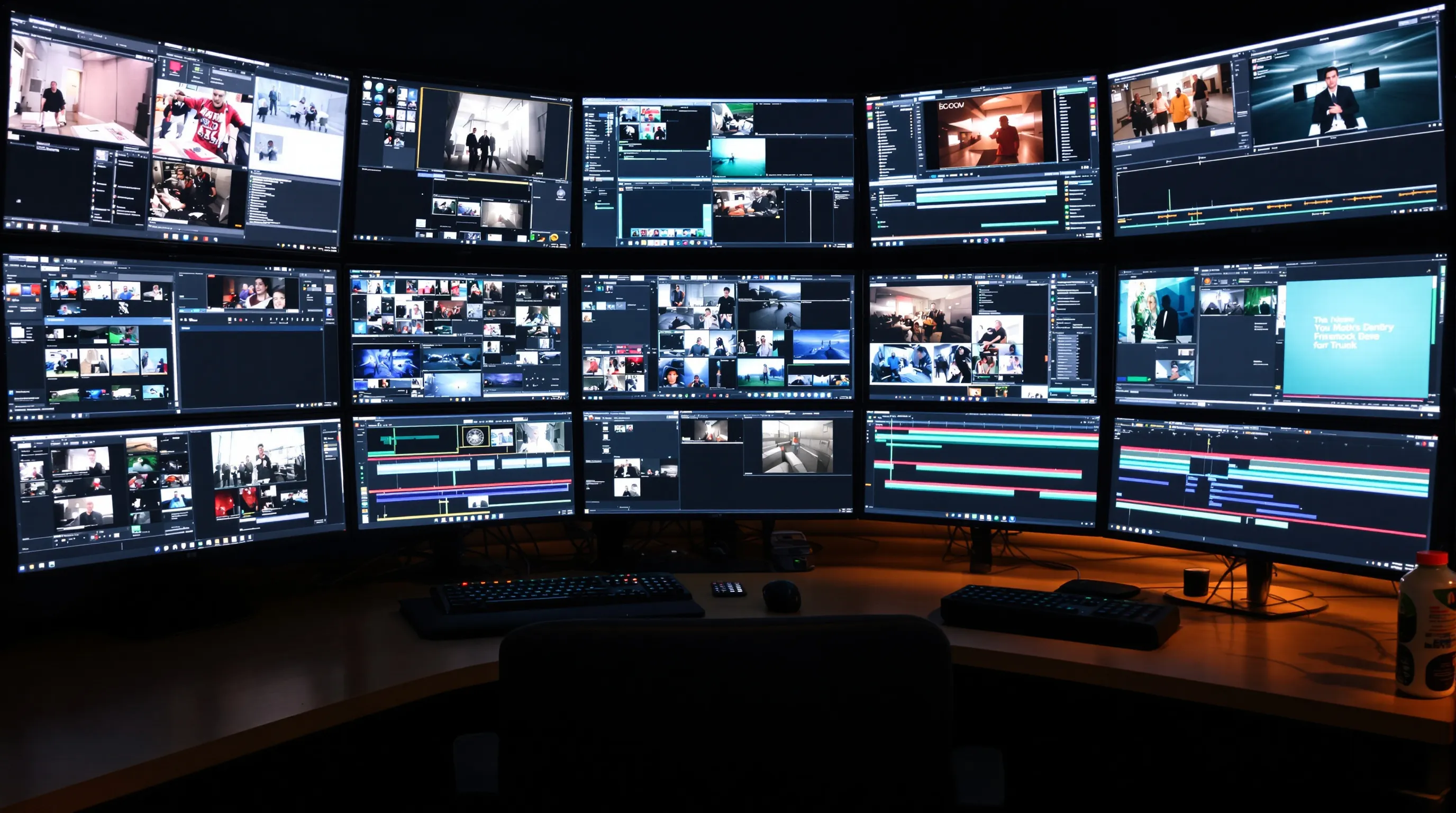 An edit suite with fourteen open timeline windows across three monitors and a bottle of pain relievers beside the keyboard.