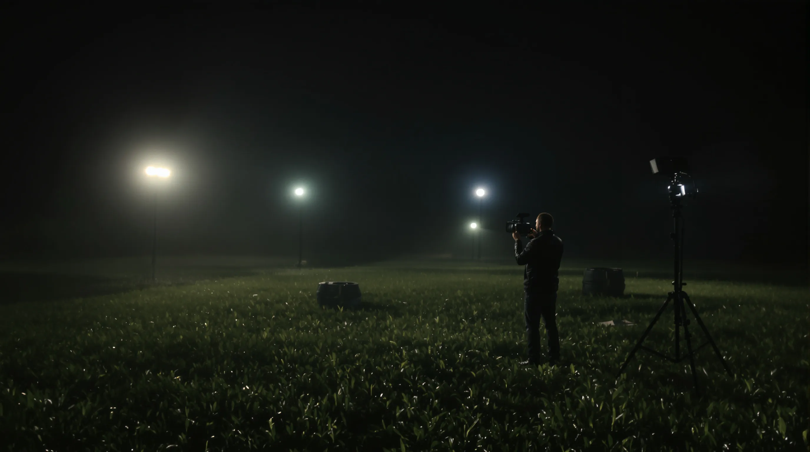 A night exterior film set where drifting points of light float above wet grass while a gaffer adjusts a lamp on a stand.