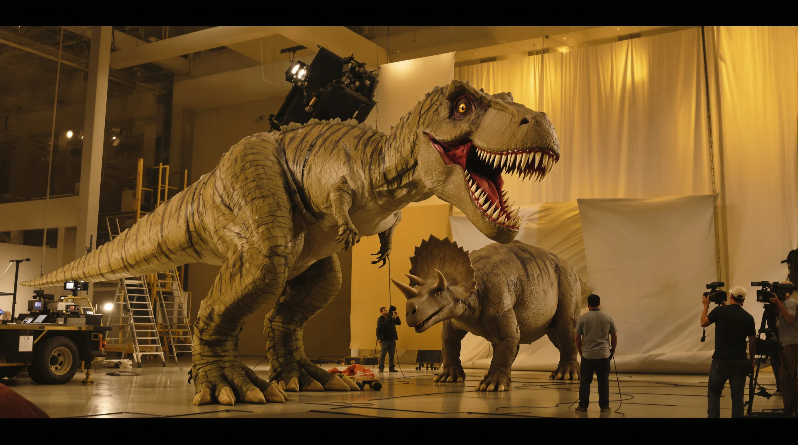 A tyrannosaurus stands on a soundstage beside a triceratops while crew members adjust a large diffusion frame nearby.