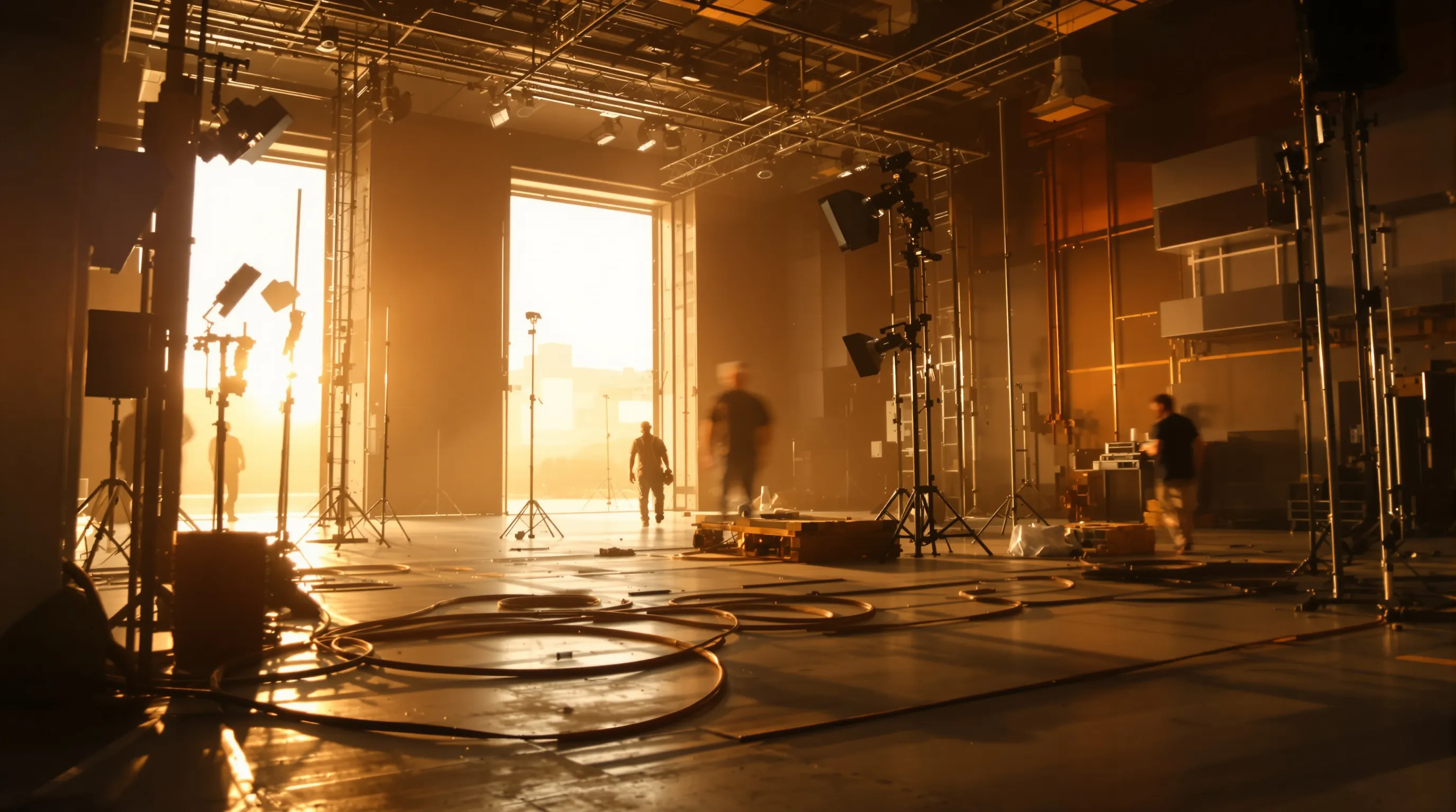 A soundstage seen from the back of the room, lighting stands and cable runs in the foreground, a lit set at the far end.