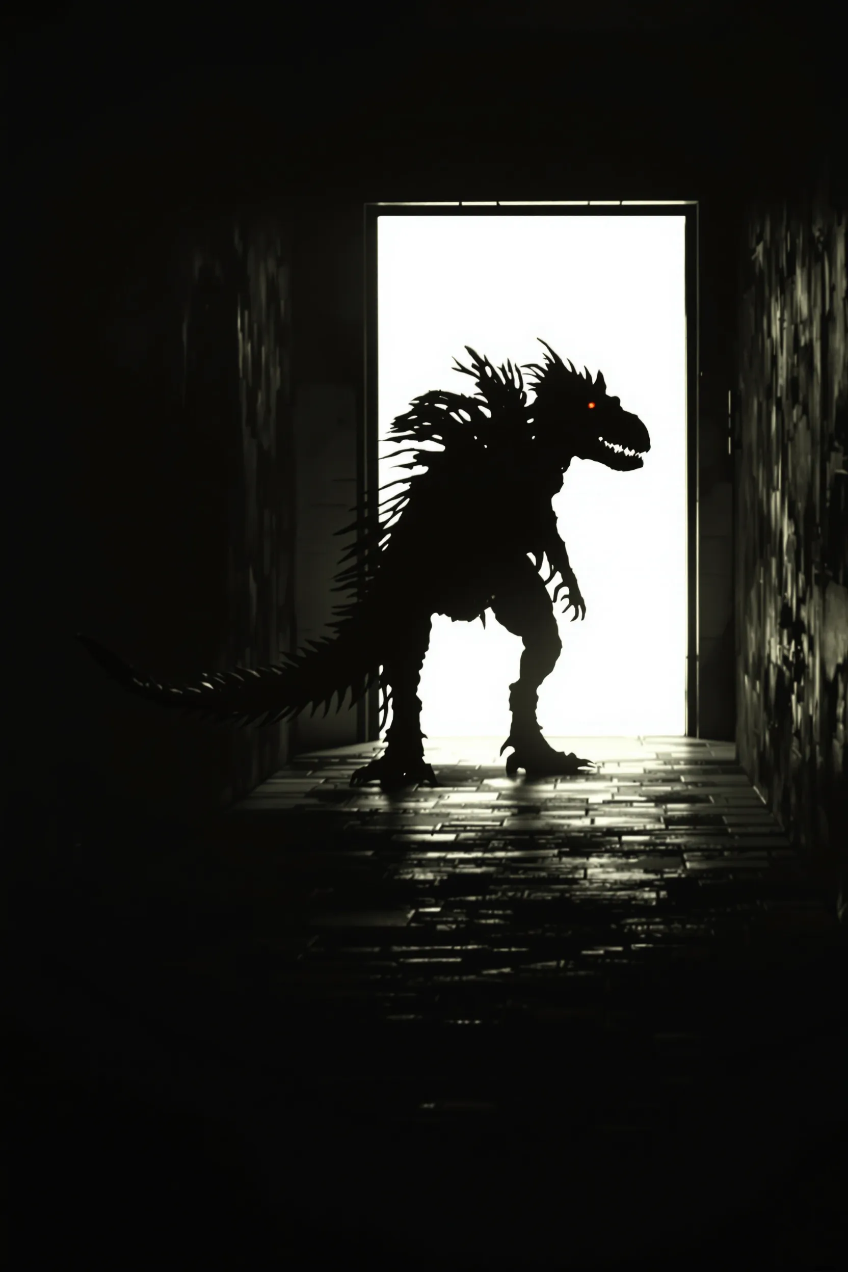 A film poster showing a feathered velociraptor in silhouette against a lit doorway at the end of a dark corridor.