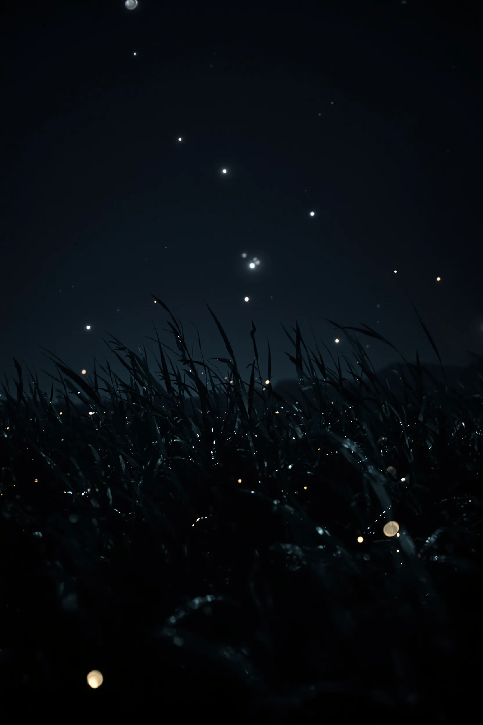 A film poster showing several pale points of light drifting above dark wet grass under a night sky.