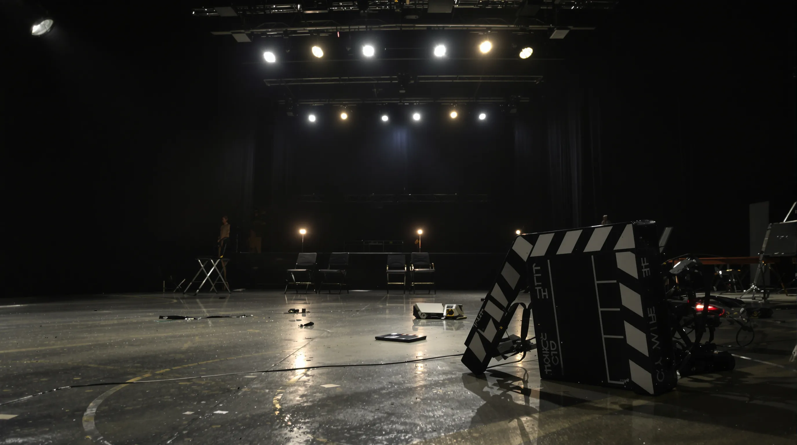 An empty soundstage with lights still burning, a slate lying face-down on the floor and crew chairs pushed back.