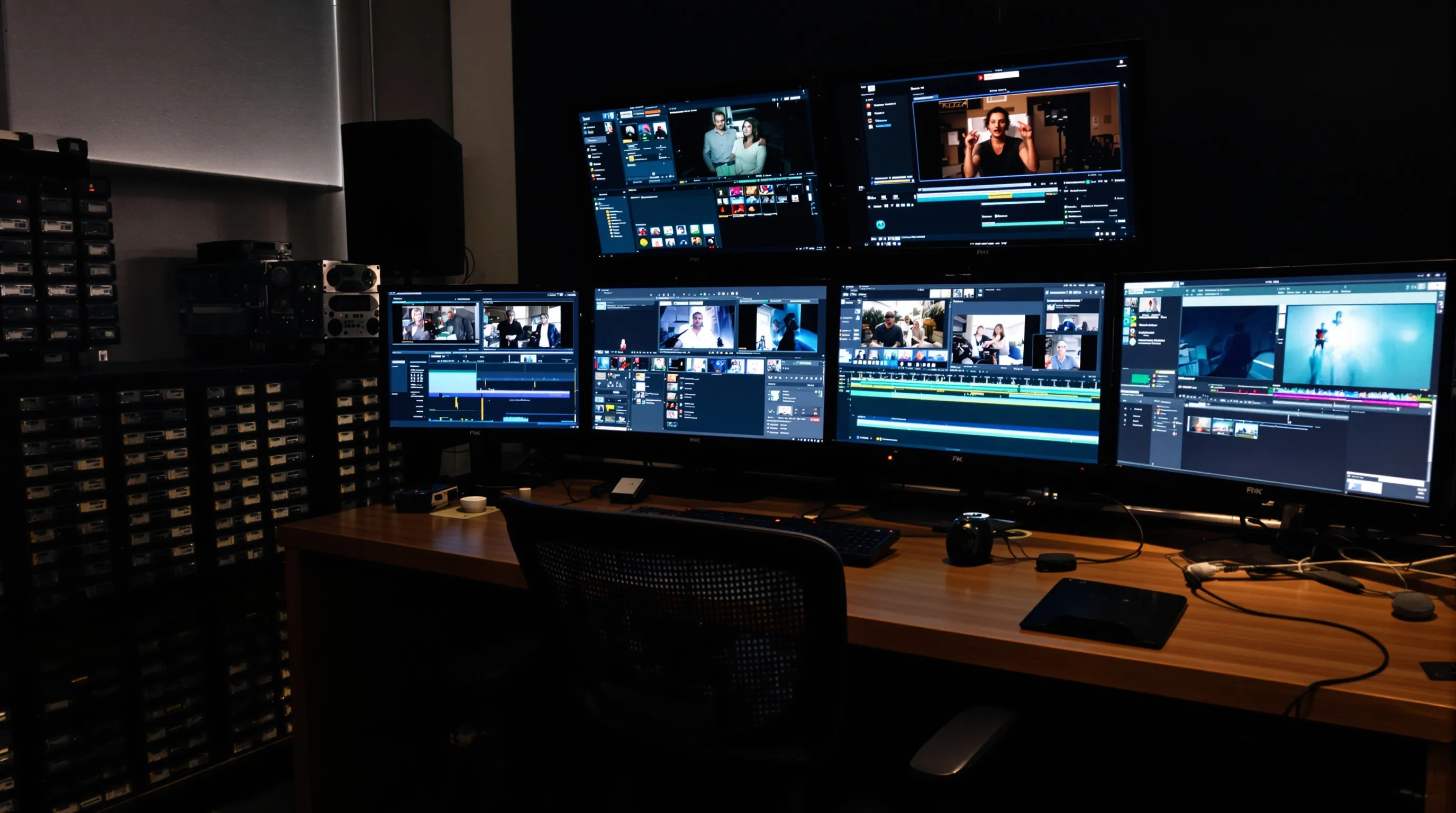 An edit suite at night with multiple monitors showing parallel timelines and a wall of labeled drives beside the desk.
