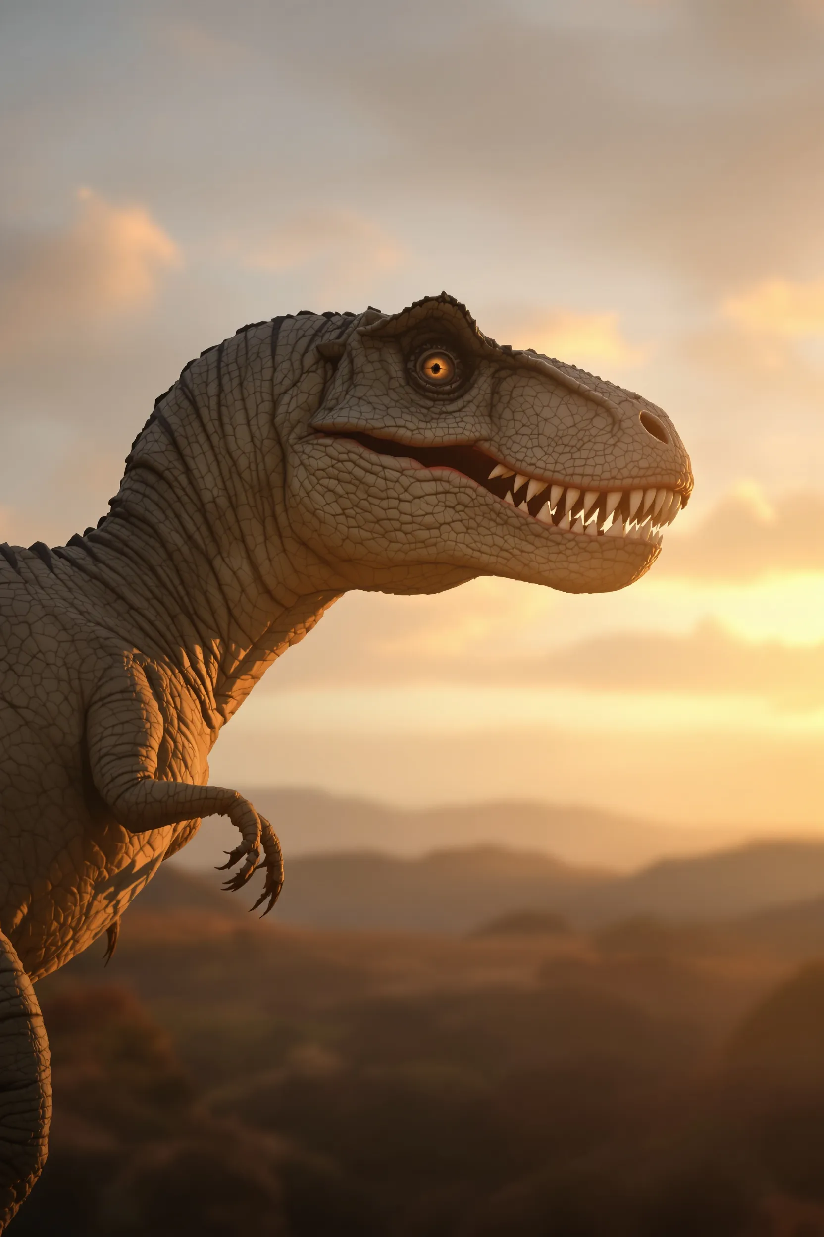 A film poster showing a tyrannosaurus in warm side light against a soft dusk sky, the title set below in serif type.