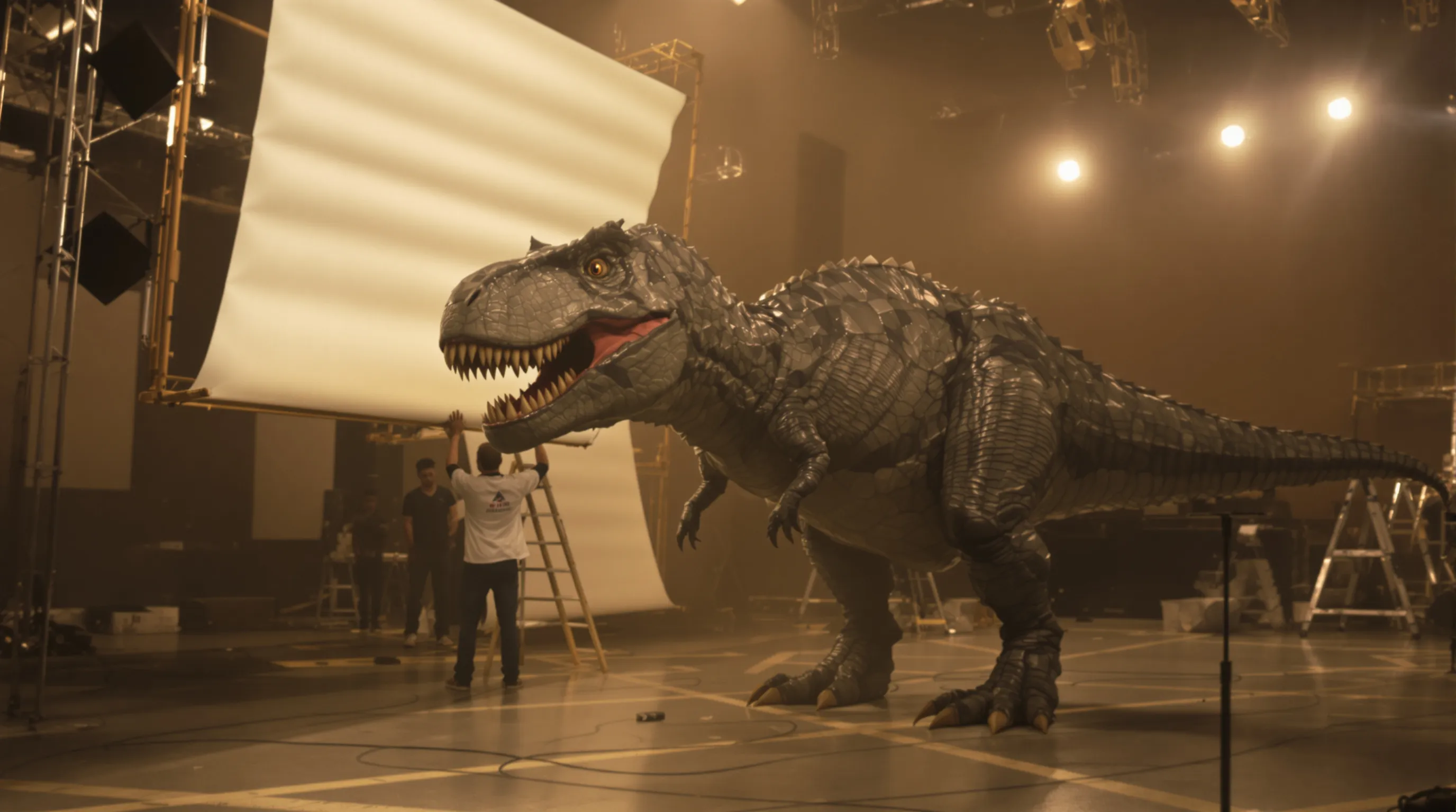 A tyrannosaurus stands on a soundstage in warm light while crew members adjust a large diffusion frame just out of shot.