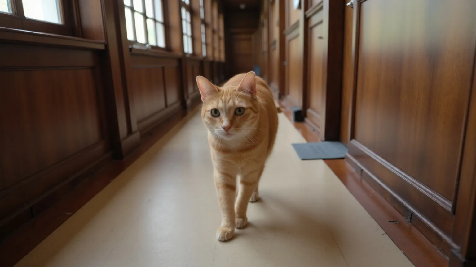 An orange cat walks down a long panelled hallway lit by tall windows, with a camera dolly track visible at the edge of frame.