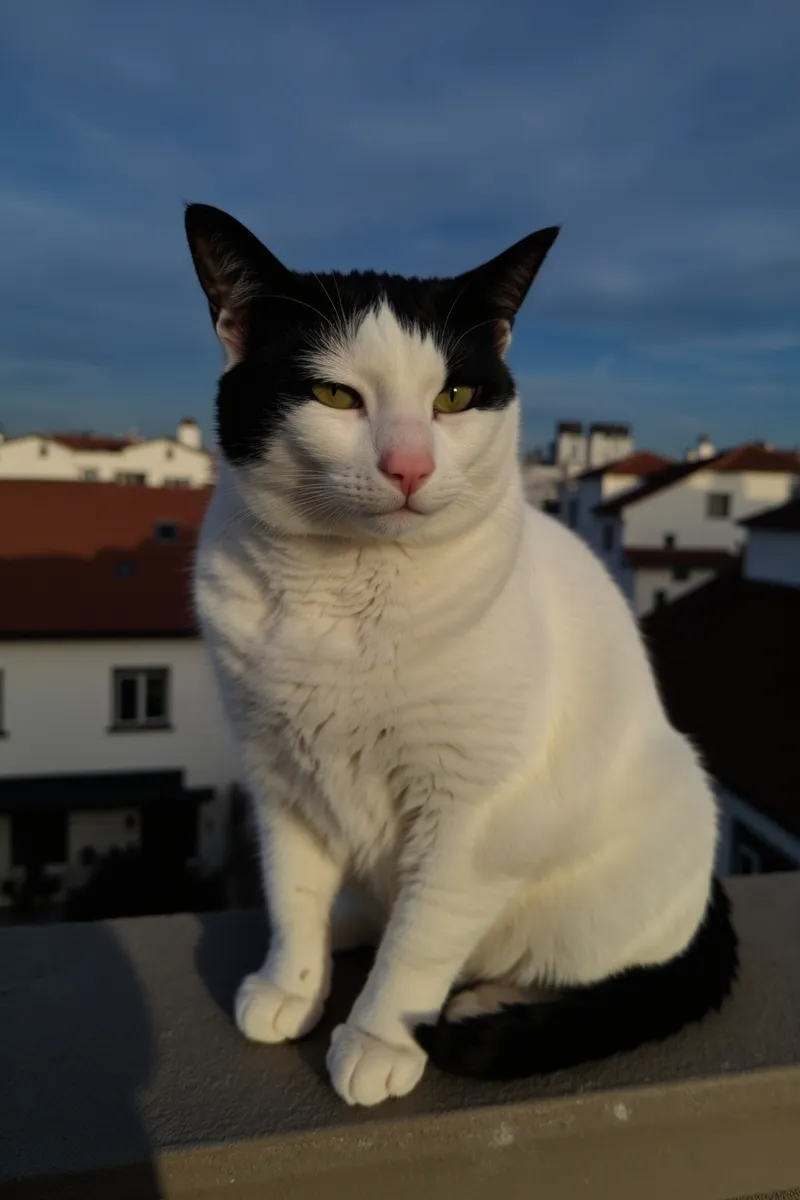 A film poster showing a large white cat with dark head markings seated on a rooftop above a small town at dusk.
