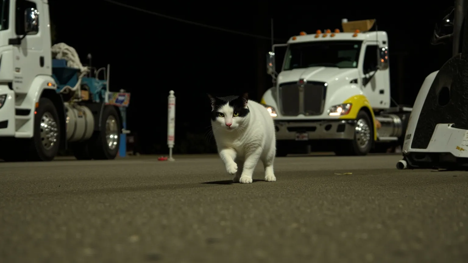 A white cat with dark head markings runs across a night exterior set past parked lighting trucks and cable runs.