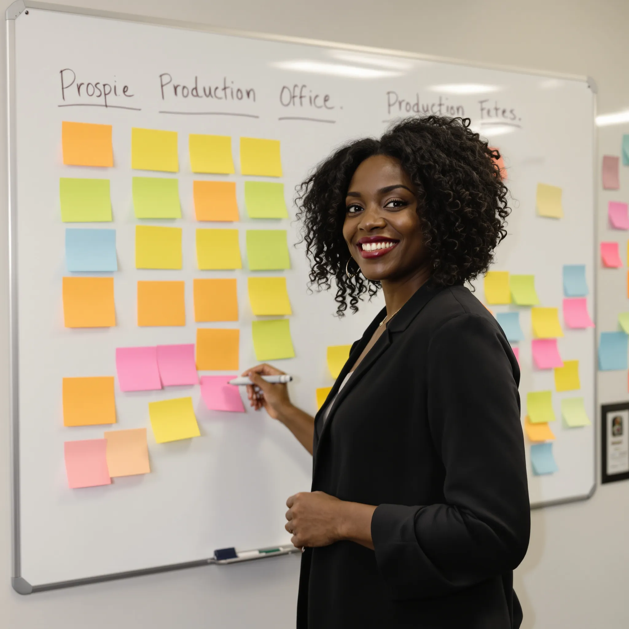 A woman stands at a production office whiteboard covered in a schedule grid, marker in hand.