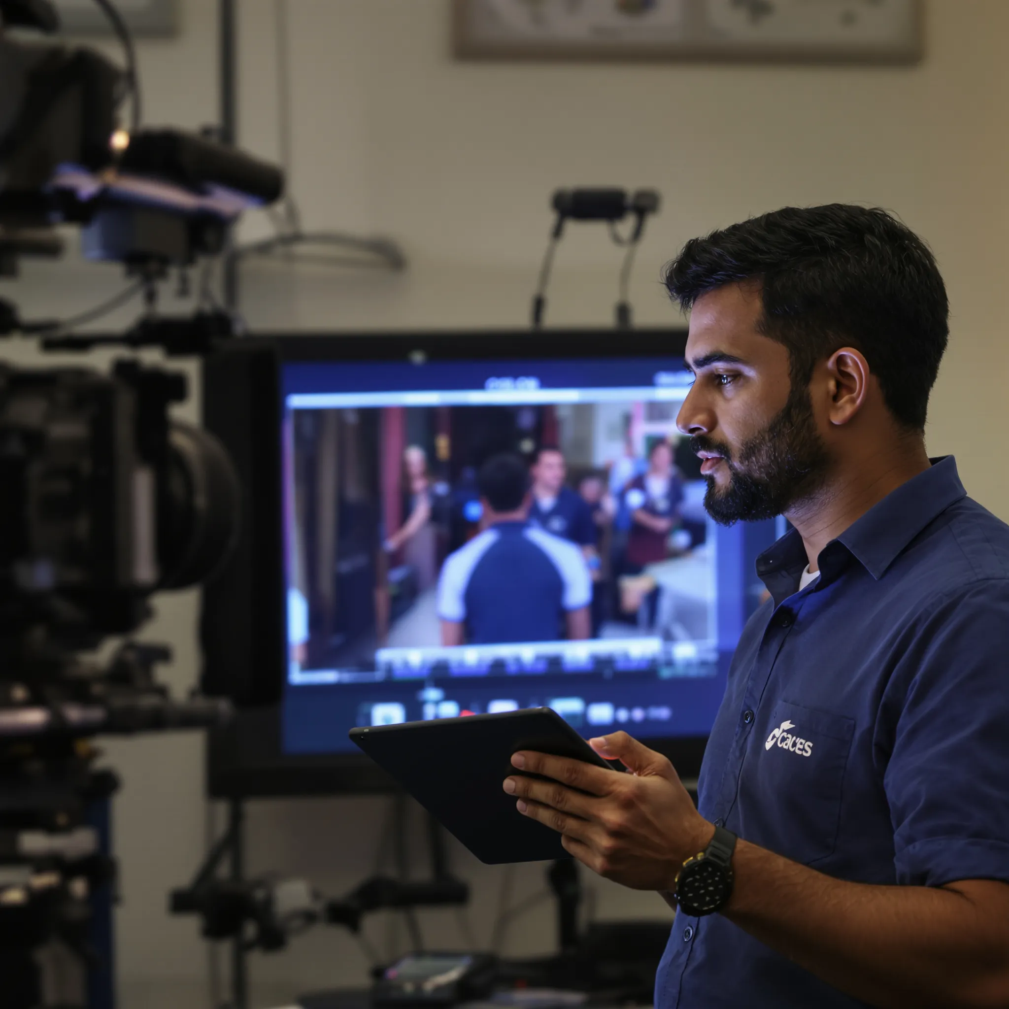 A man reviews a shot on a colour-calibrated monitor, a tablet stylus in his hand.