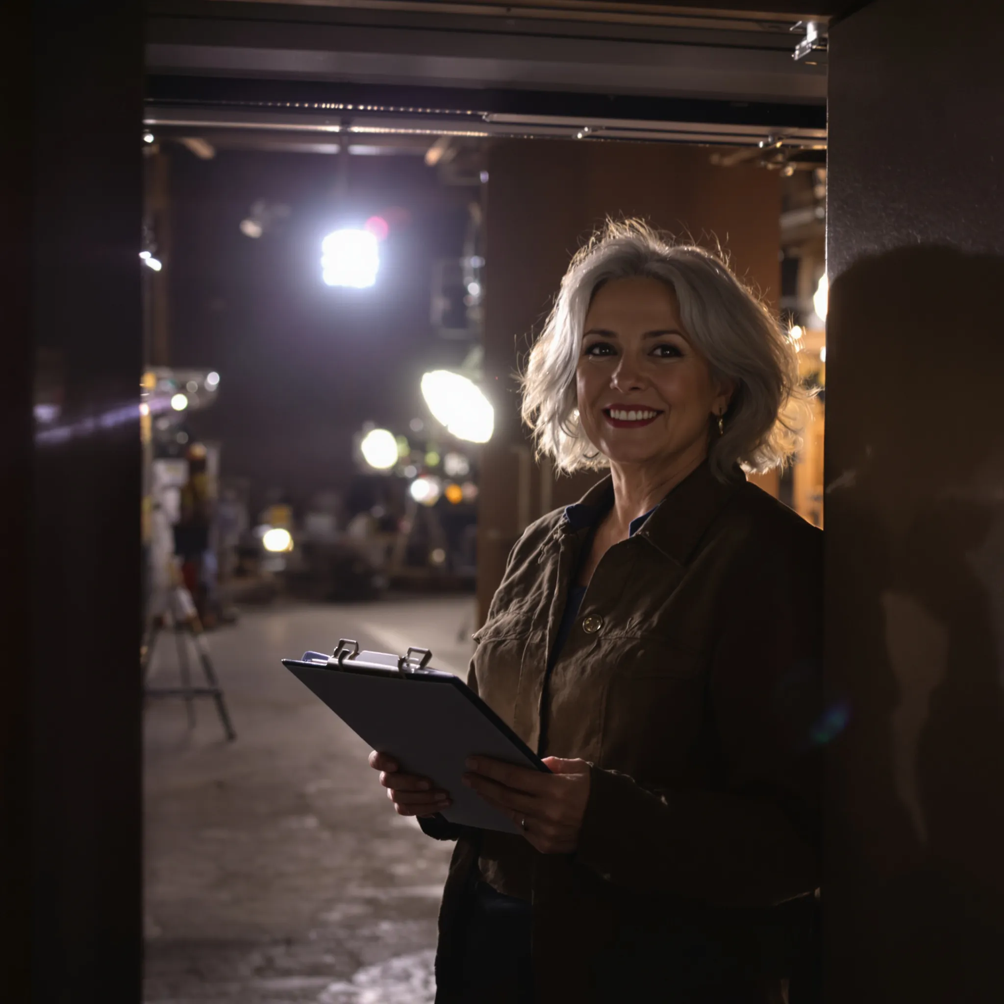 A woman in her fifties stands in a soundstage doorway holding a clipboard, backlit by work lights.