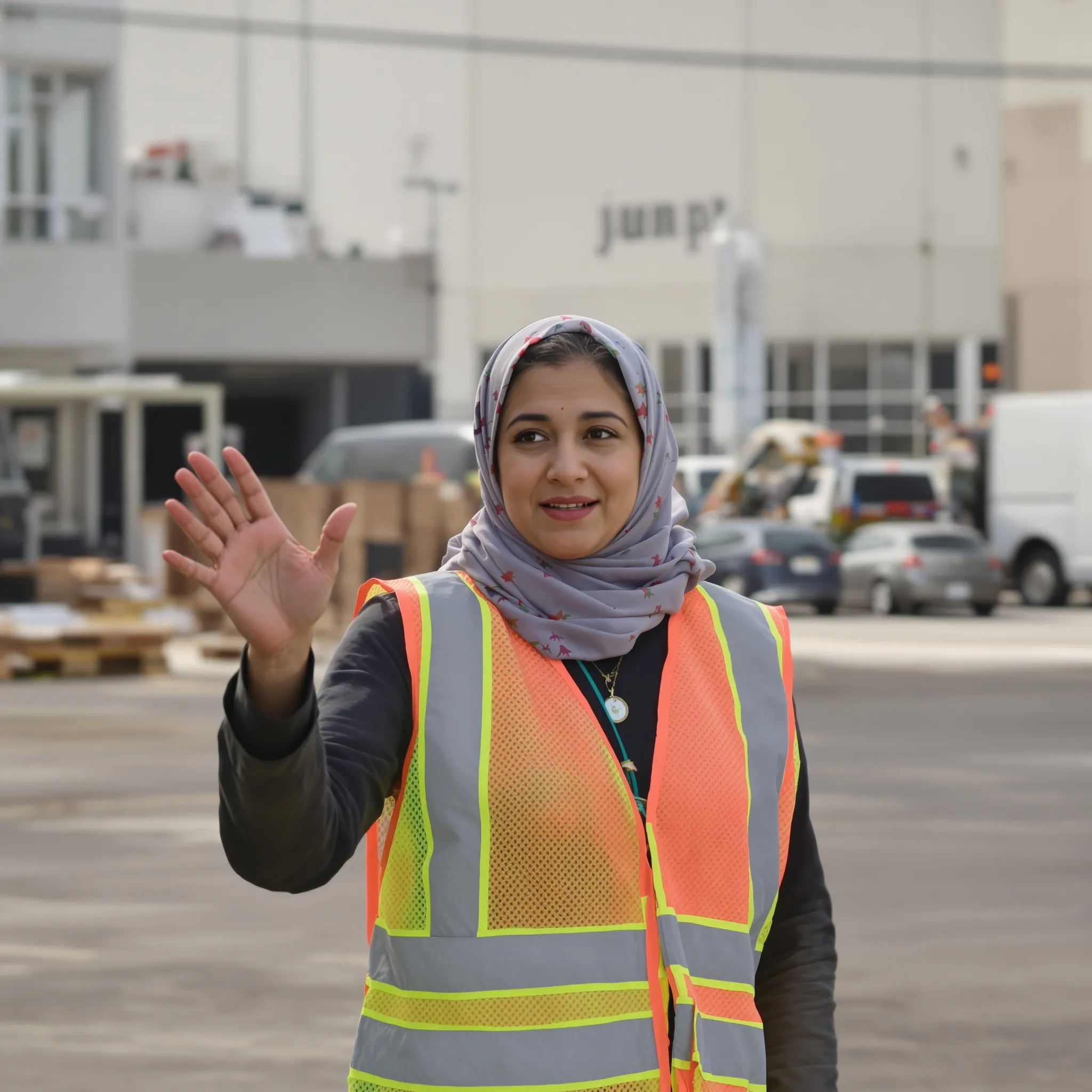 A woman in a high-visibility vest directs a reversing transport trailer with both arms raised.