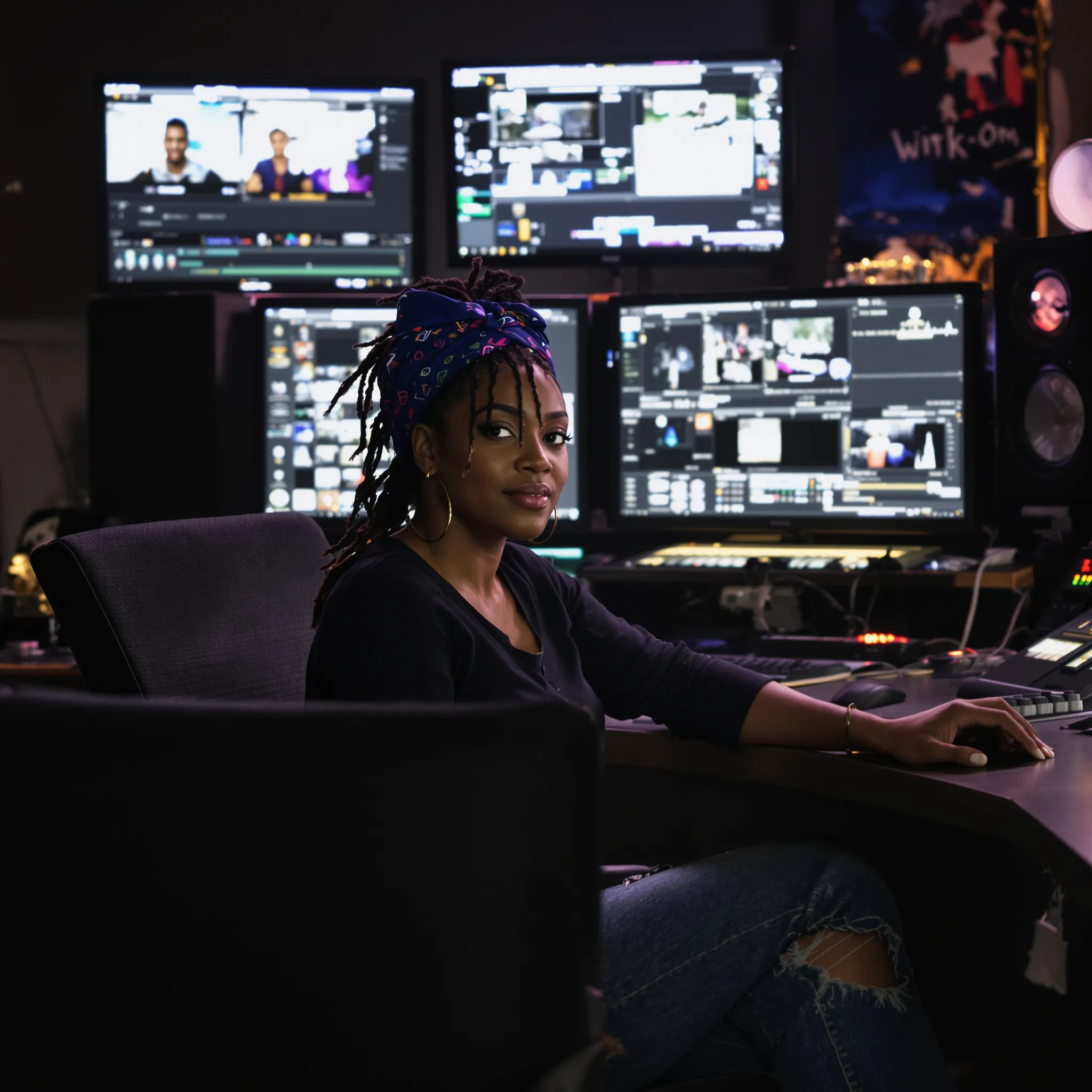 A woman sits at an edit suite with three monitors, one hand resting on a control surface.
