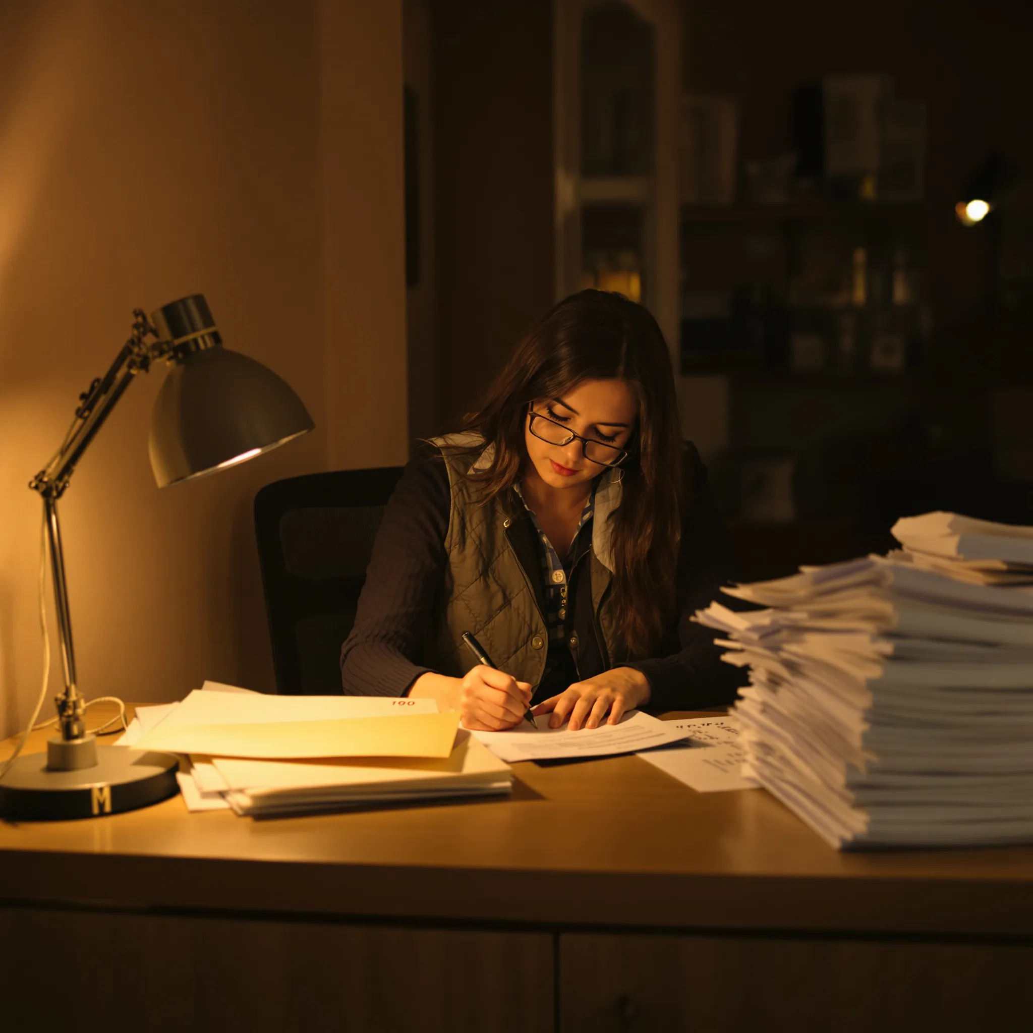 A woman at a small front desk writes on a numbered form beside a stack of delivery envelopes.