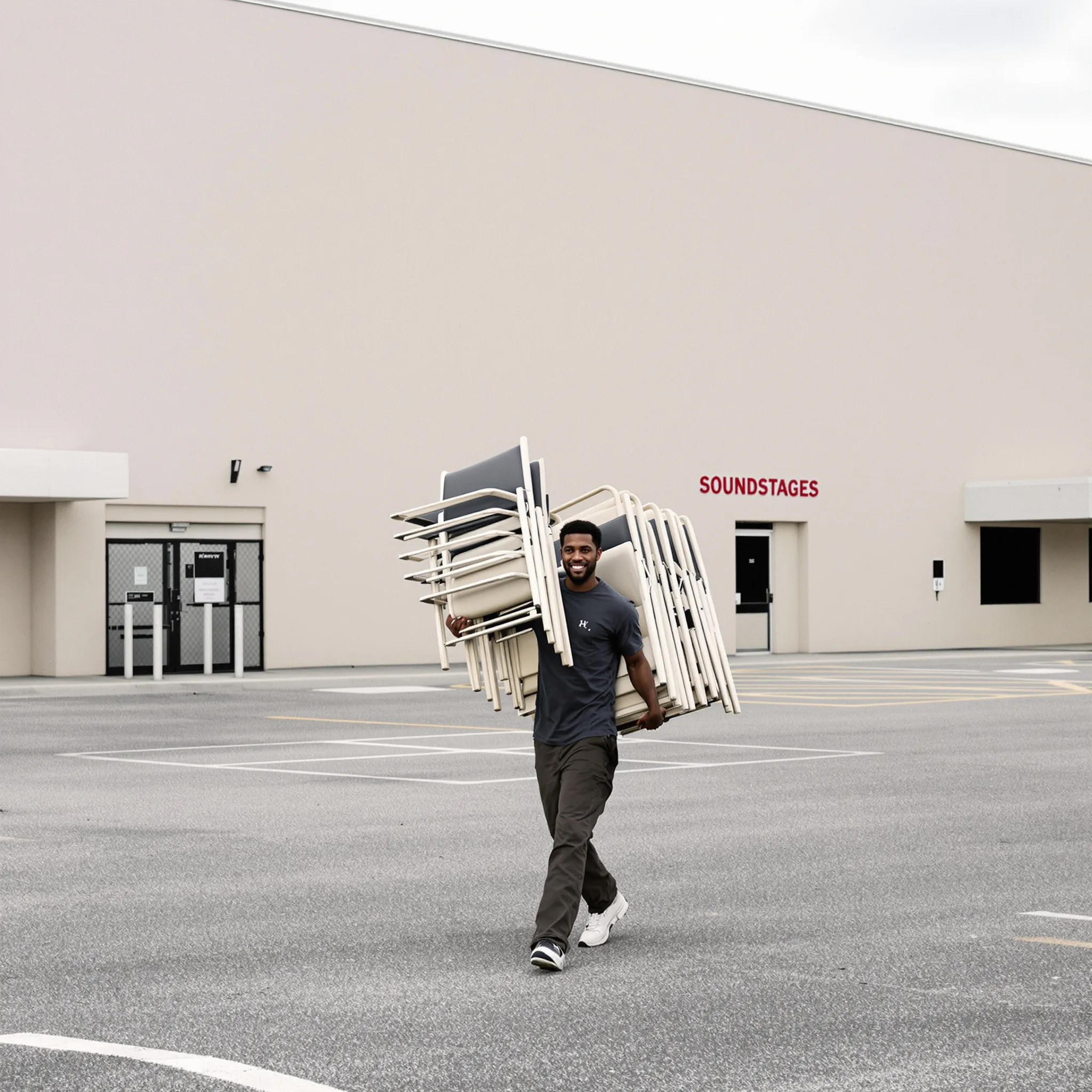 A young man carries a stack of folded chairs across a lot between two soundstages.