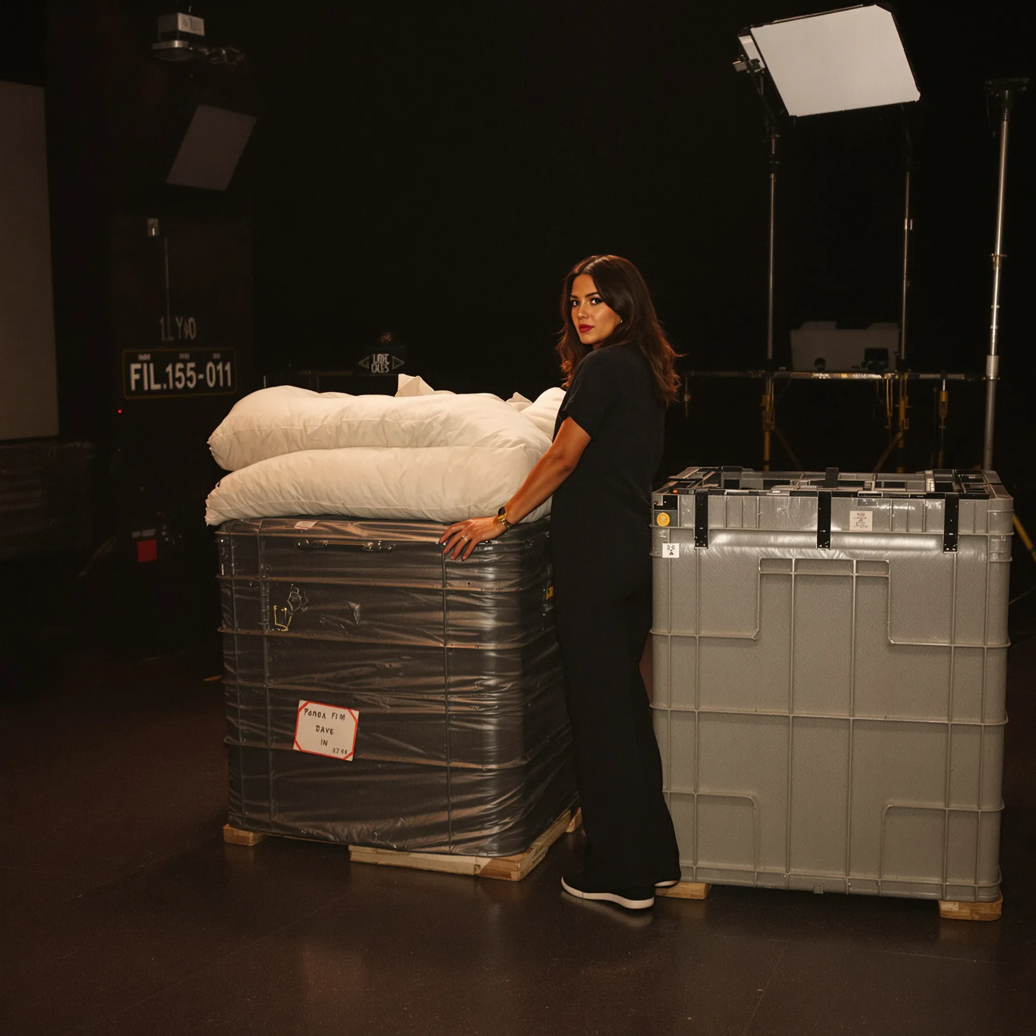 A woman crouches beside a padded travel crate on a soundstage floor, speaking softly toward it.