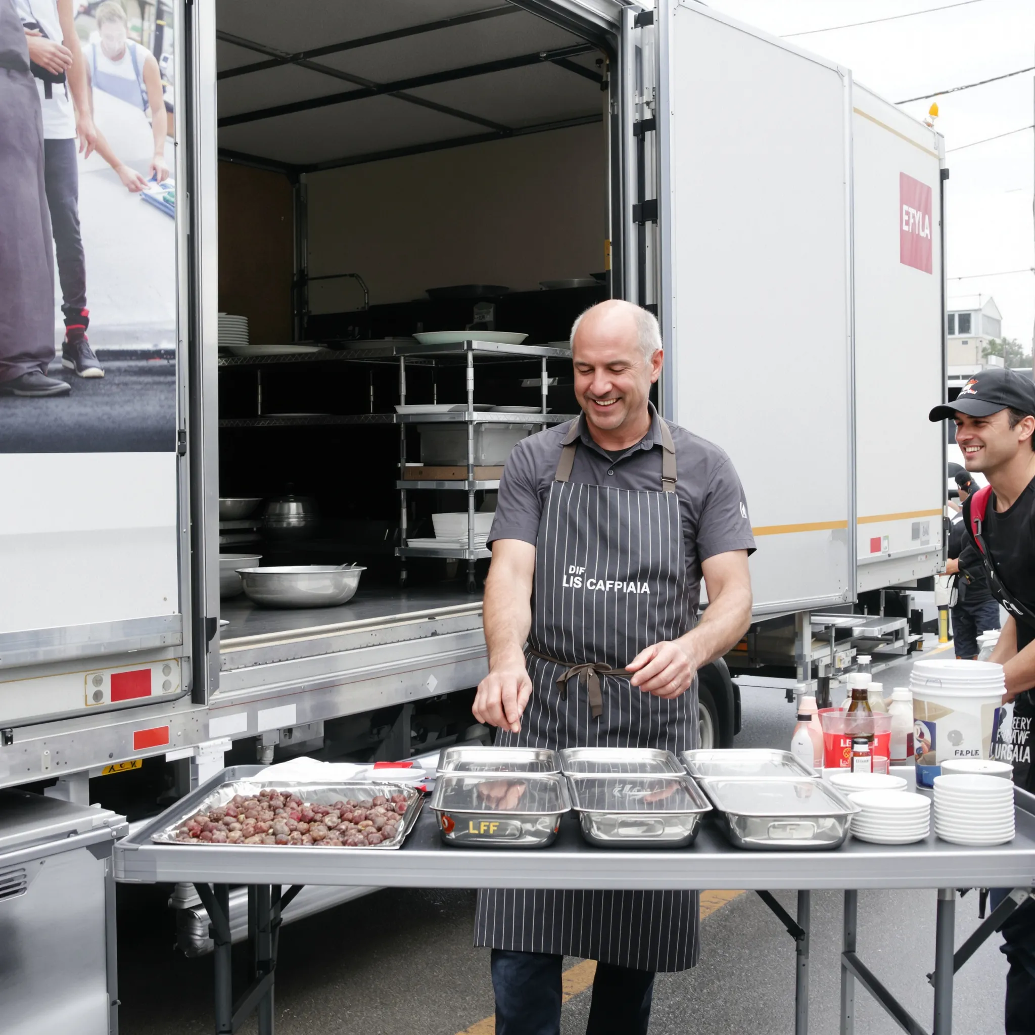 A man in an apron arranges trays on a folding catering table beside a production truck.