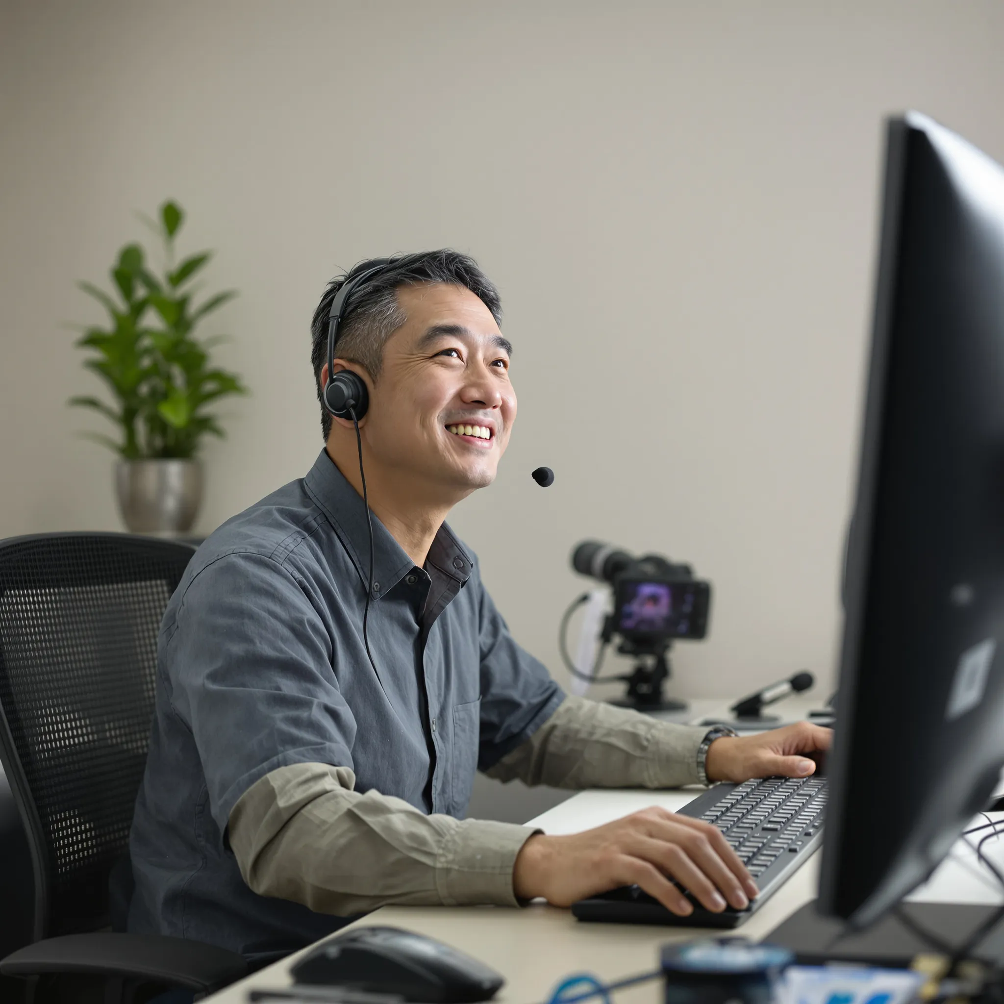 A man at a desk with a headset and two monitors looks up from a keyboard.