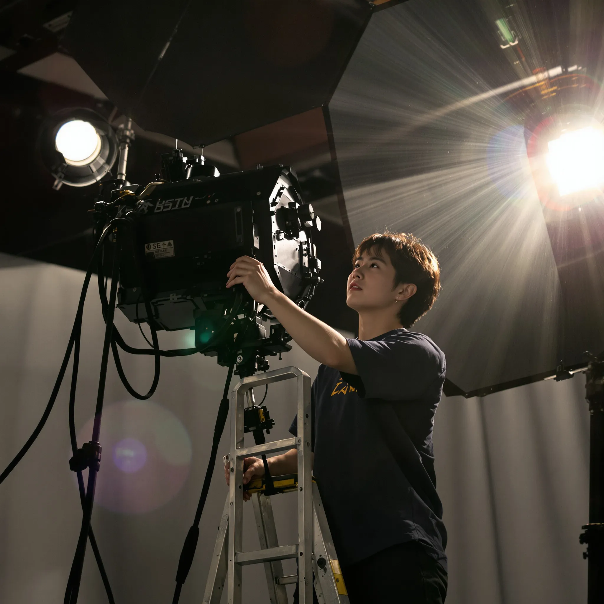 A person on a ladder adjusts a large studio lamp, one hand shielding their eyes from the beam.